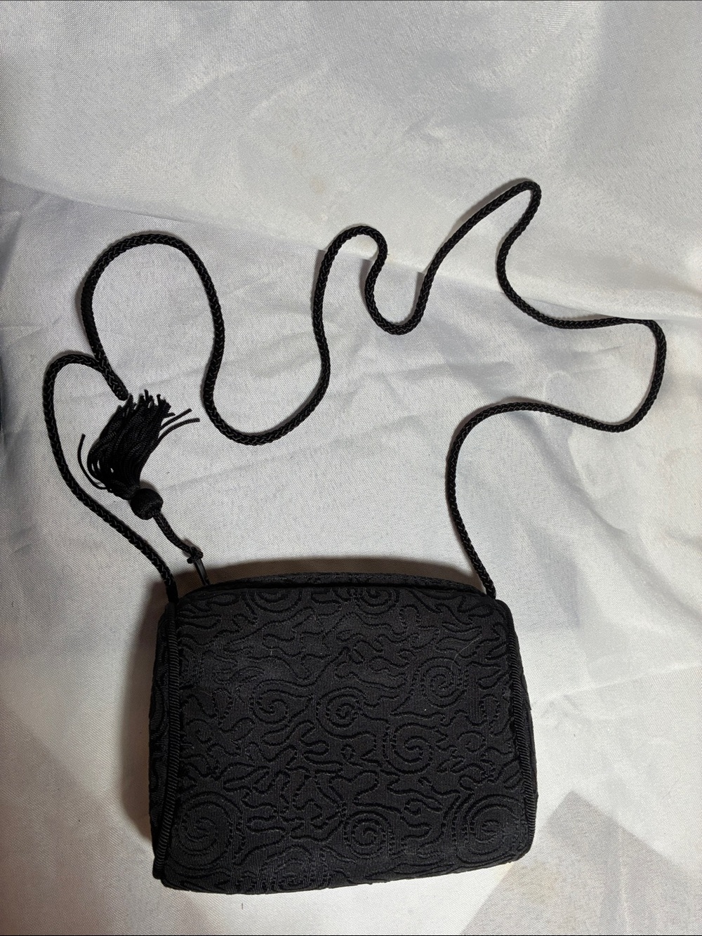 Black Textured Crossbody Bag with Tassel Strap